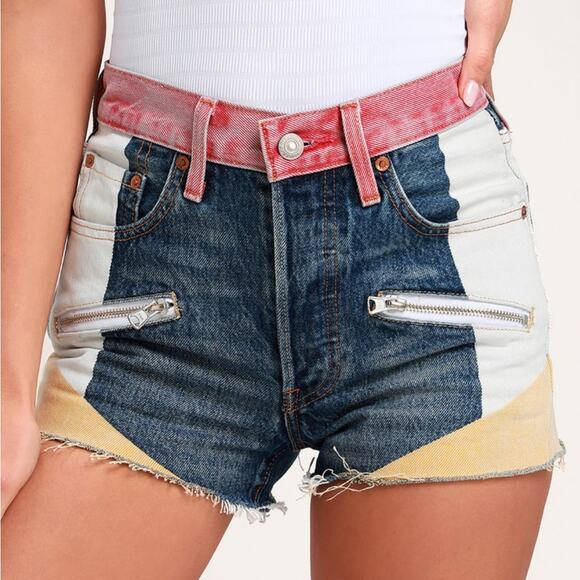 Levis 501 High Rise Medium Wash Color Block Denim Shorts 24 Retro Funky Cutoff - Picture 1 of 11